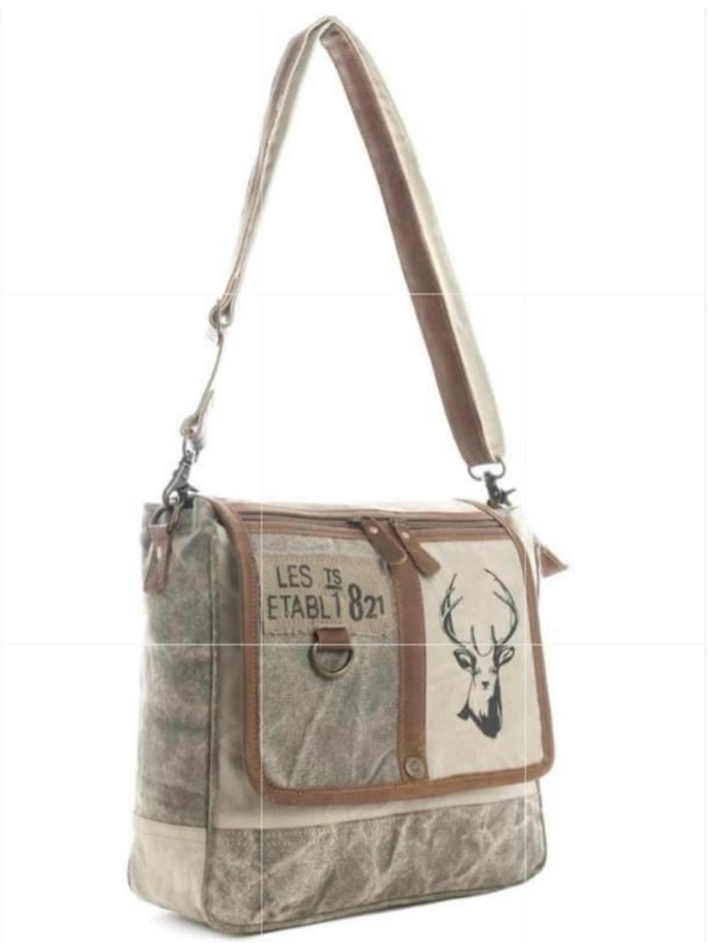 Canvas Messenger Bag with Deer Graphic - Taupe